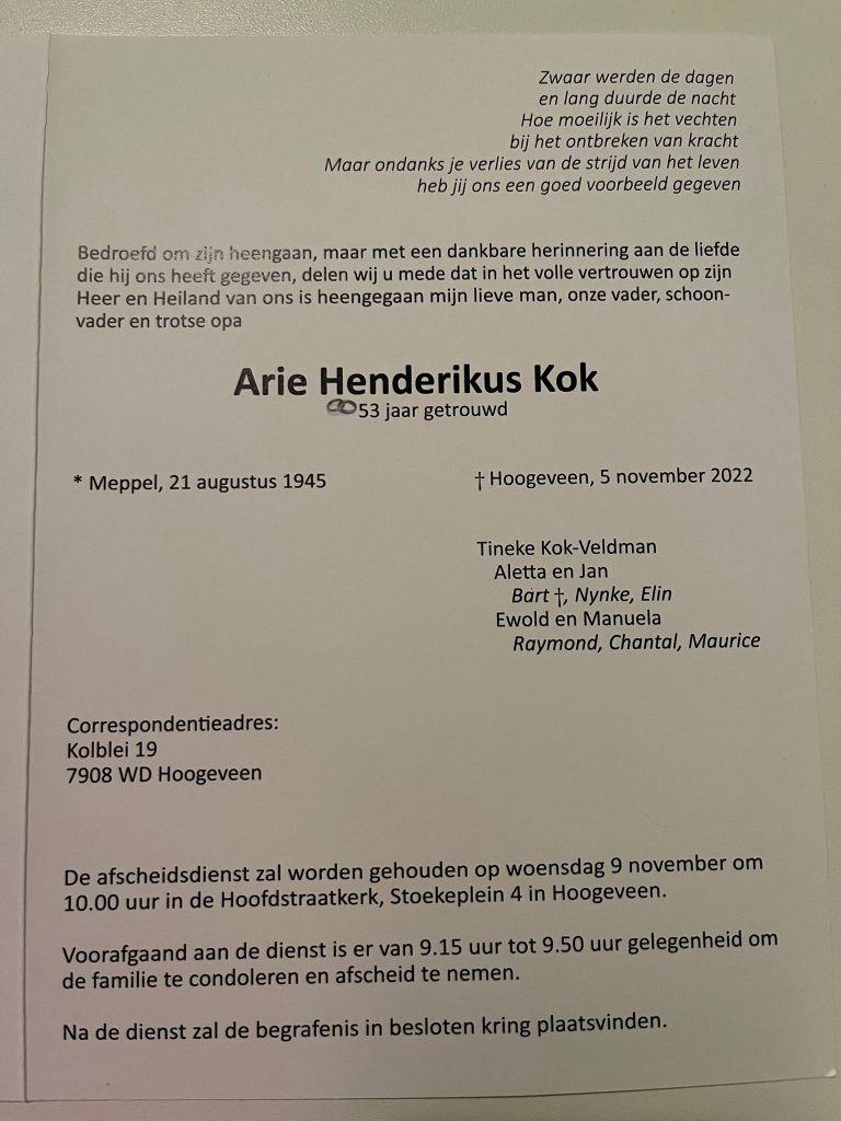 Rouwkaart Arie Kok