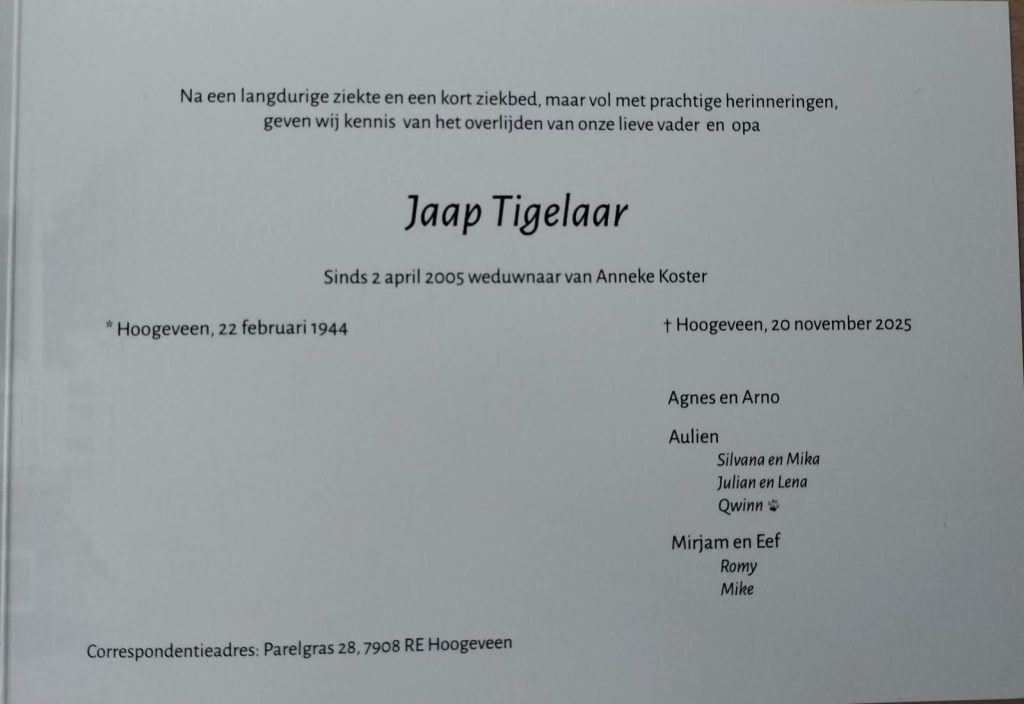 Jaap Tigelaar - Rouwkaart
